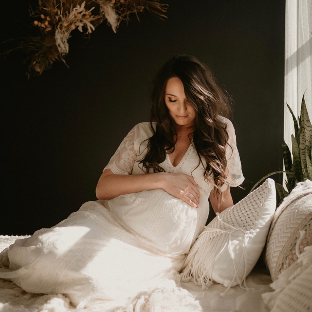 PinkBlush Cream Lace Mesh Overlay Maternity Maxi Dress